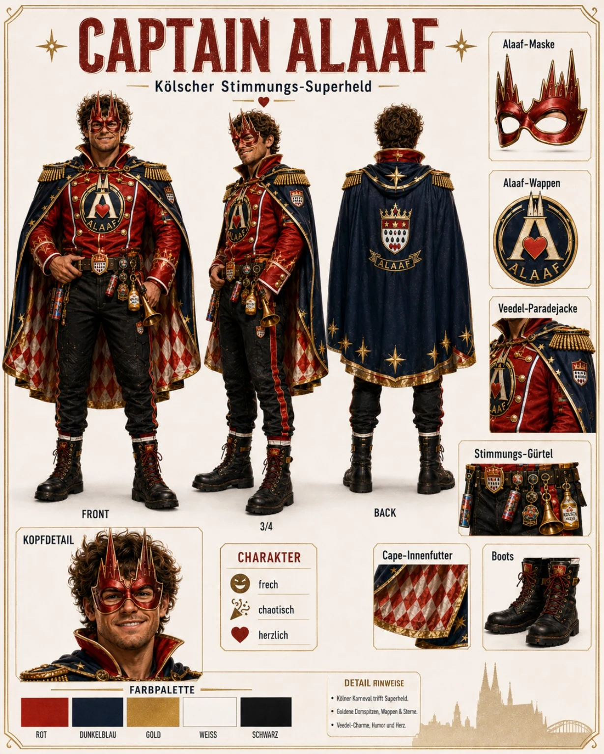 Captain Alaaf Designsheet mit Maske, Alaaf-Wappen, Paradejacke, Stimmungs-Gürtel und Boots