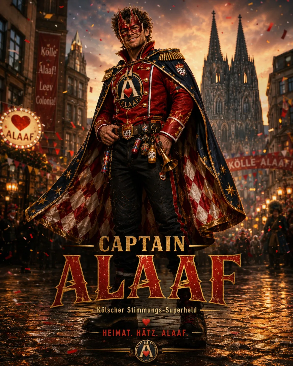 Captain Alaaf vor Köln bei Nacht